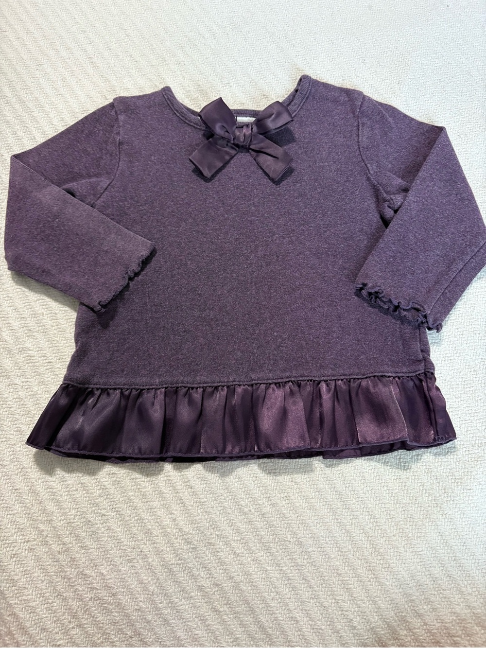 Vintage Miniwear Deep Purple Knit Long Sleeve Top with Satin Bow and Ruffle Hem